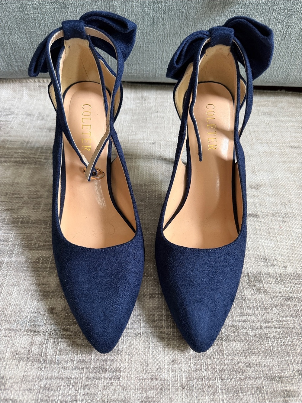 Navy faux Suede Pointed Toe Ankle Tie Pumps by Coleter - Picture 2 of 6